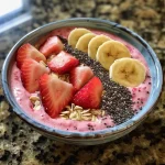 Nahaufnahme einer Smoothie-Schale mit Erdbeeren und Bananen, garniert mit frischen Früchten.