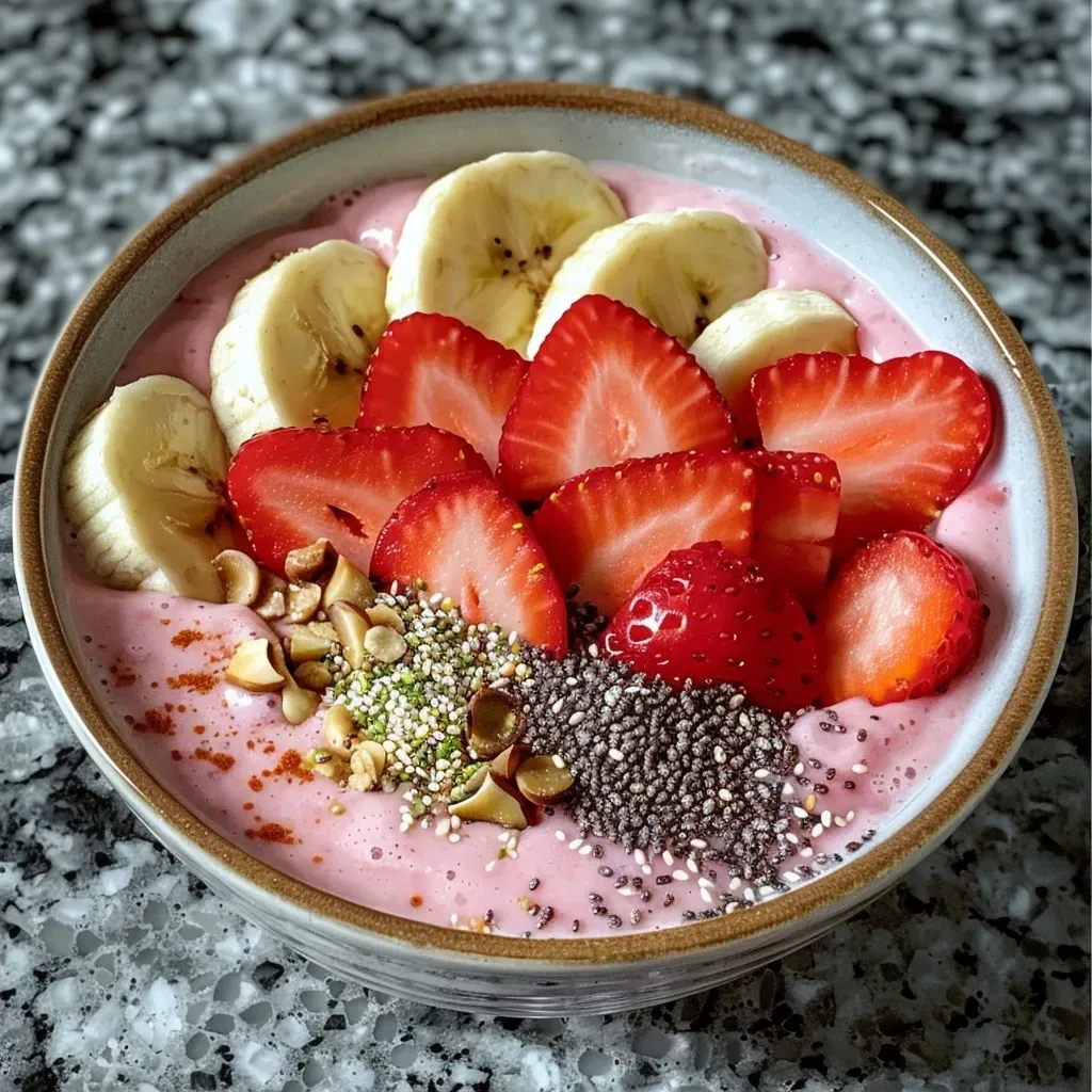 Sidansicht einer farbenfrohen Smoothie-Schale aus gefrorenen Erdbeeren und Bananen.