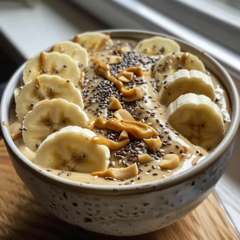 Delicias Cremosas: Smoothie Bowl de Plátano y Mantequilla de Maní Nahaufnahme einer cremigen Smoothie-Schüssel mit Bananen und Erdnussbutter.