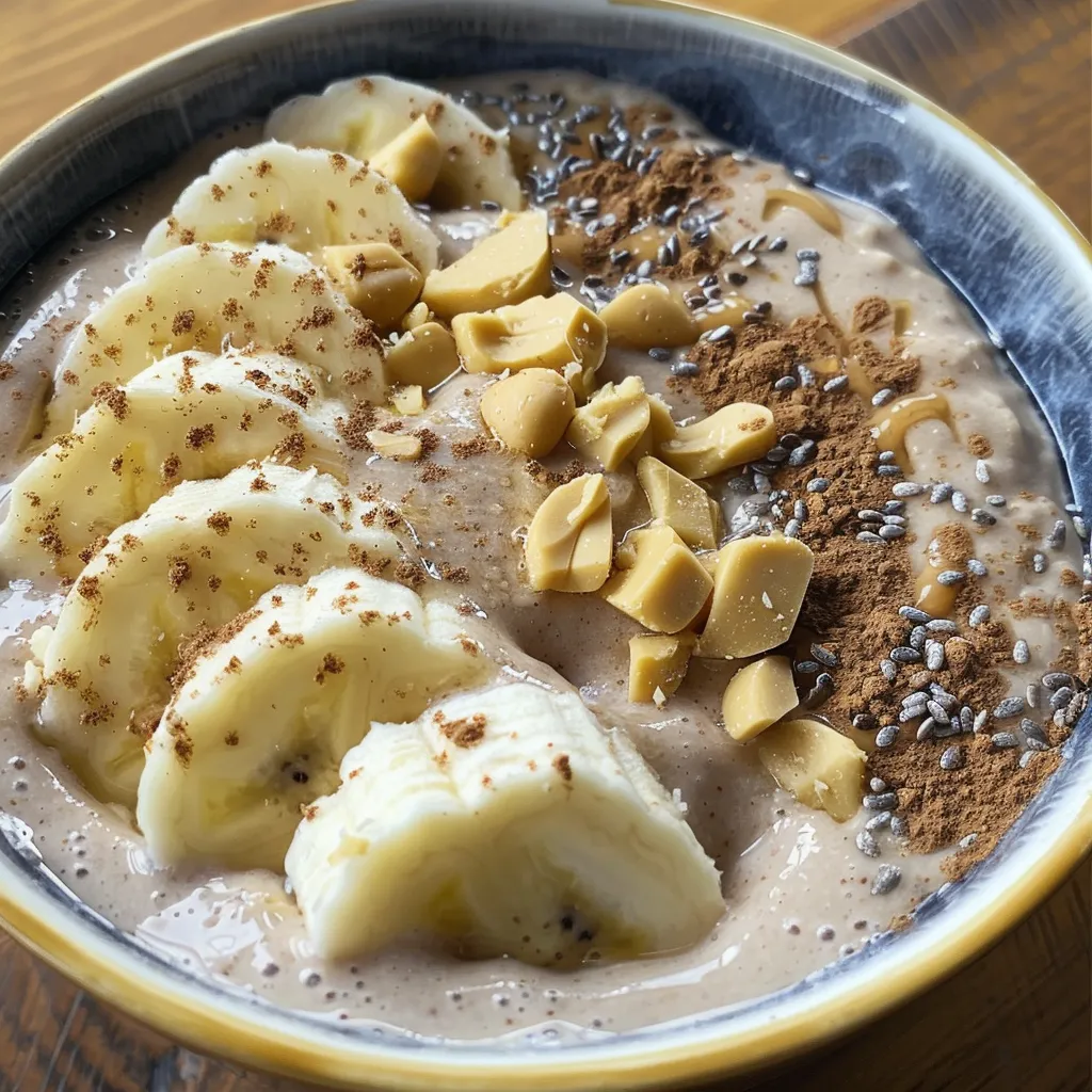 Seitenansicht einer bunten Smoothie-Schüssel mit gefrorenen Bananen und Erdnussbutter.