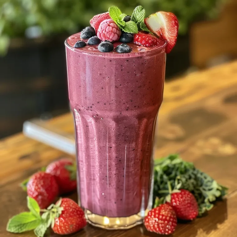 Nahaufnahme eines bunten Smoothies aus roten Beeren in einem Glas.