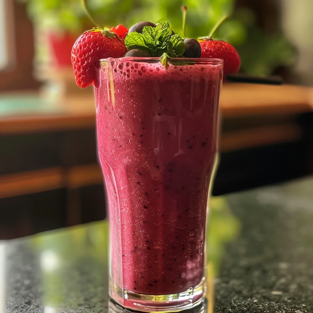 Seiteansicht eines fruchtigen Mixed Berry Smoothies mit frischen Beeren.