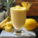 Nahaufnahme eines erfrischenden Zitrone-Smoothies in einem Glas.