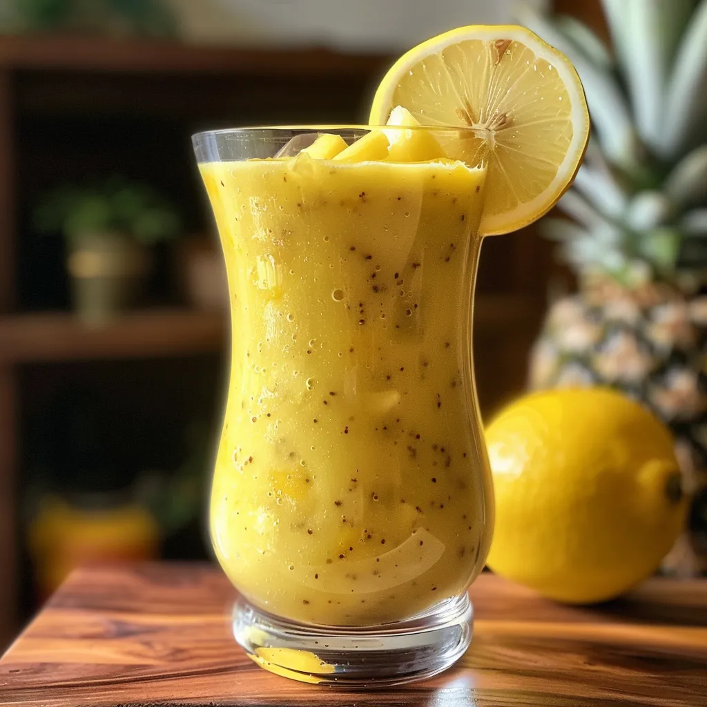 Fruchtiger Smoothie aus Zitrone, Ananas und Banane in einem transparenten Glas.