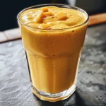 Saftiger Mango-Smoothie in einem Glas, mit frischen Zutaten im Hintergrund.