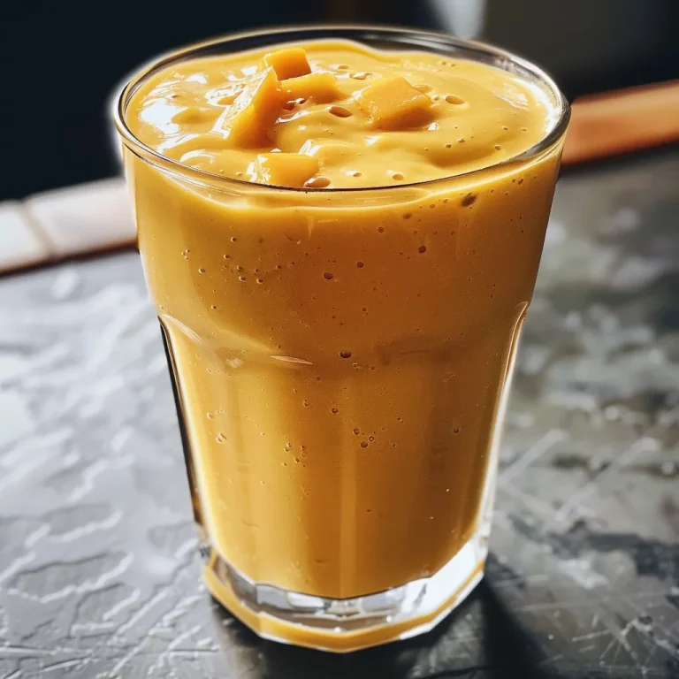 Saftiger Mango-Smoothie in einem Glas, mit frischen Zutaten im Hintergrund.