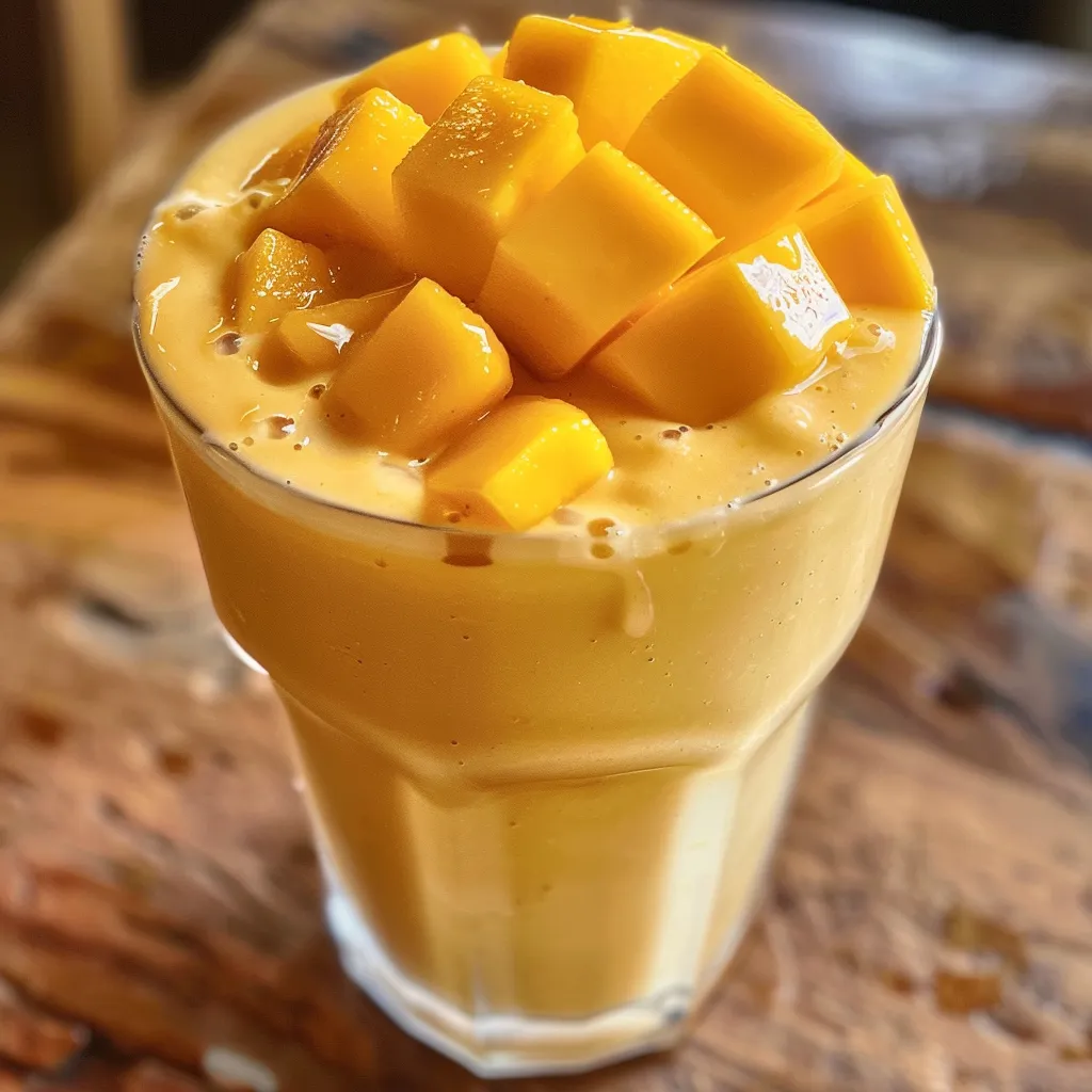 Cremiger Mango-Smoothie, detailreiche Nahaufnahme von einer Seite.