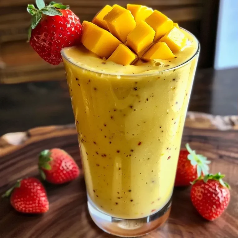 Nahaufnahme eines cremigen Smoothies mit Bananen, Mango und Erdbeeren in einem Glas.