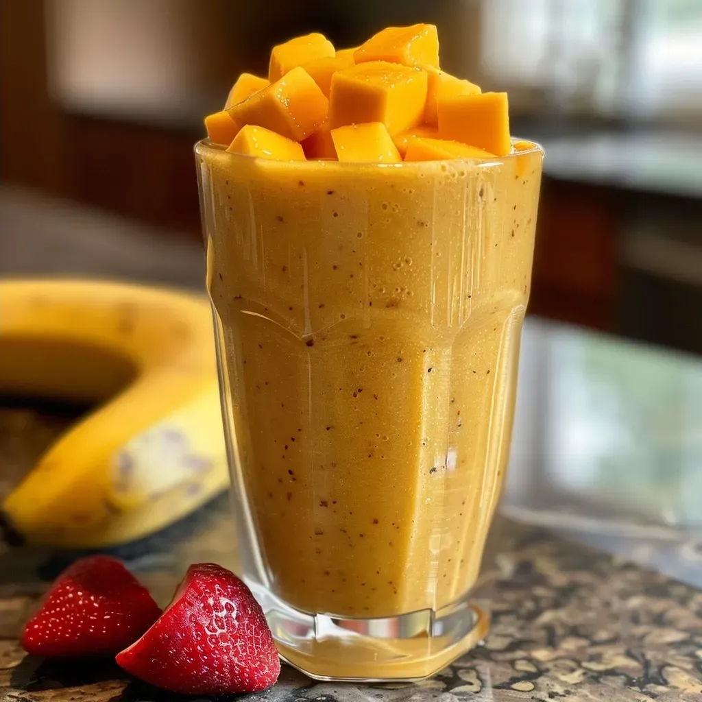 Eine Seiteansicht eines bunten Smoothies mit frischen Früchten und einer cremigen Konsistenz.