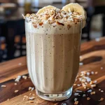 Nahaufnahme eines cremigen griechischen Joghurt-Cocktails mit Kokosmilch.