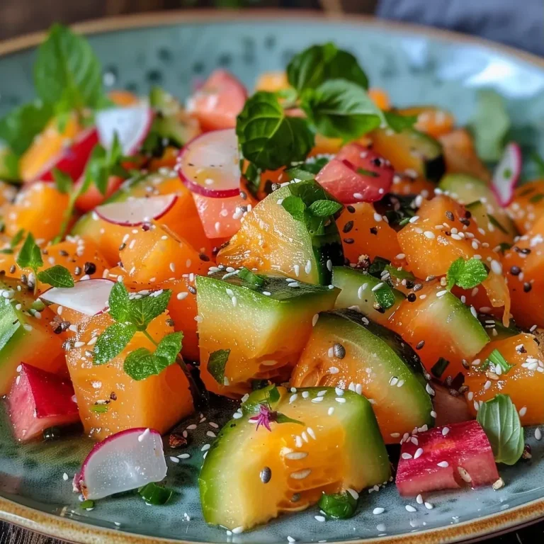 Nahaufnahme eines sommerlichen Melonen Gurken Salats in einer Schüssel.