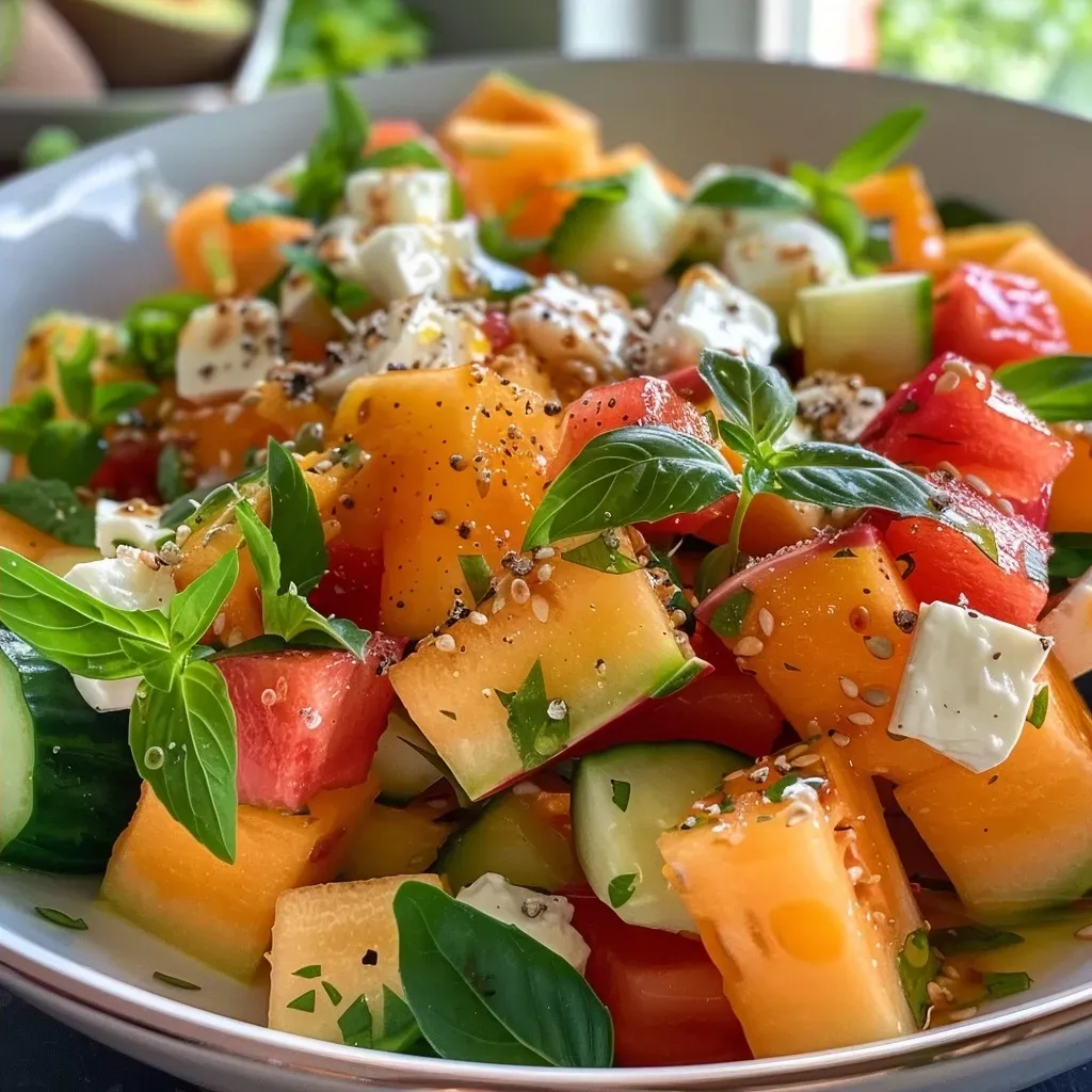 Frischer Salat mit Melonen, Gurken und essbaren Blüten.
