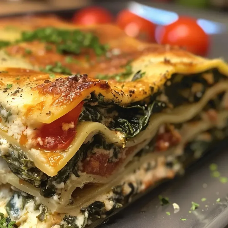 Cremige Spinat-Lasagne: Genussvoll und Einfach Zubereitet Nahaufnahme der cremigen Spinatlasagne, mit einer goldbraunen Käseschicht.