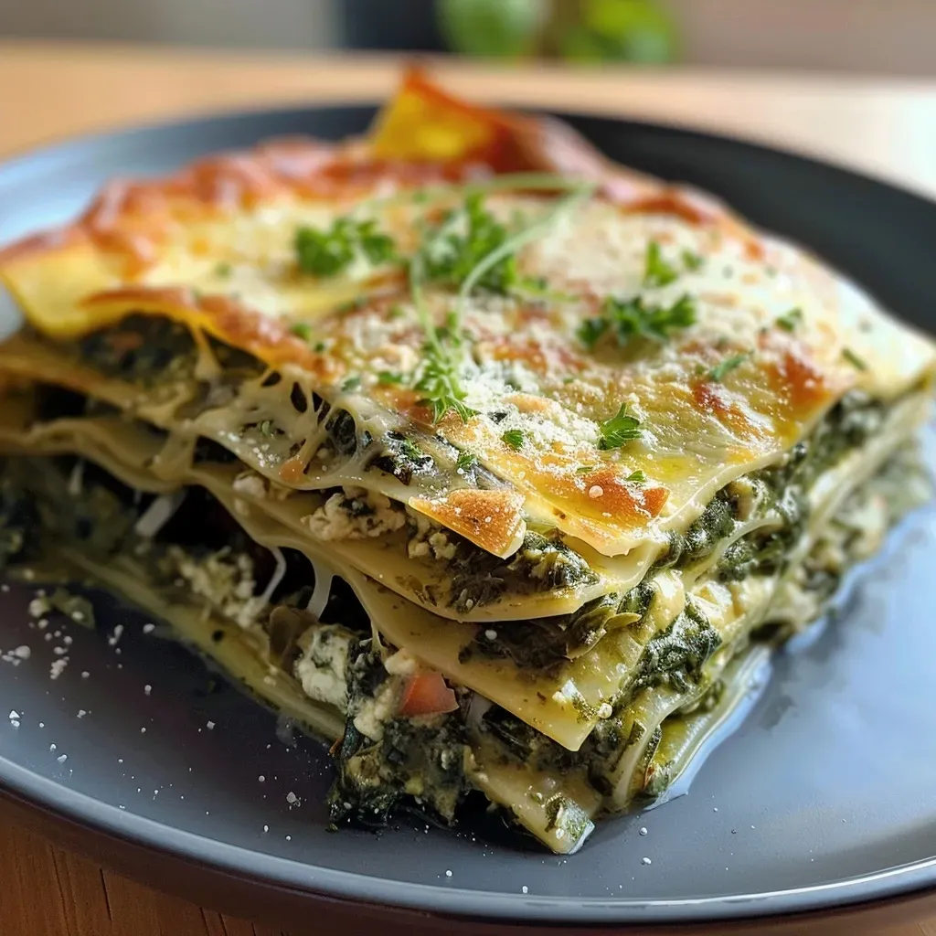 Seitenansicht einer saftigen Spinatlasagne mit geschmolzenem Käse und frischem Spinat.