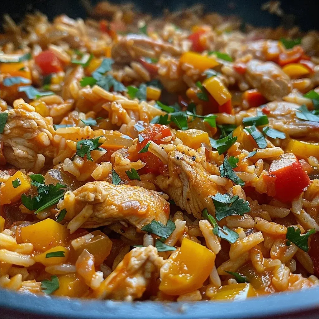 Seiteansicht einer appetitlichen Reis-Schüssel mit Hähnchen und Gemüse.