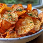 Knusprige Süßkartoffel Chips mit grobem Meersalz auf einem Teller.
