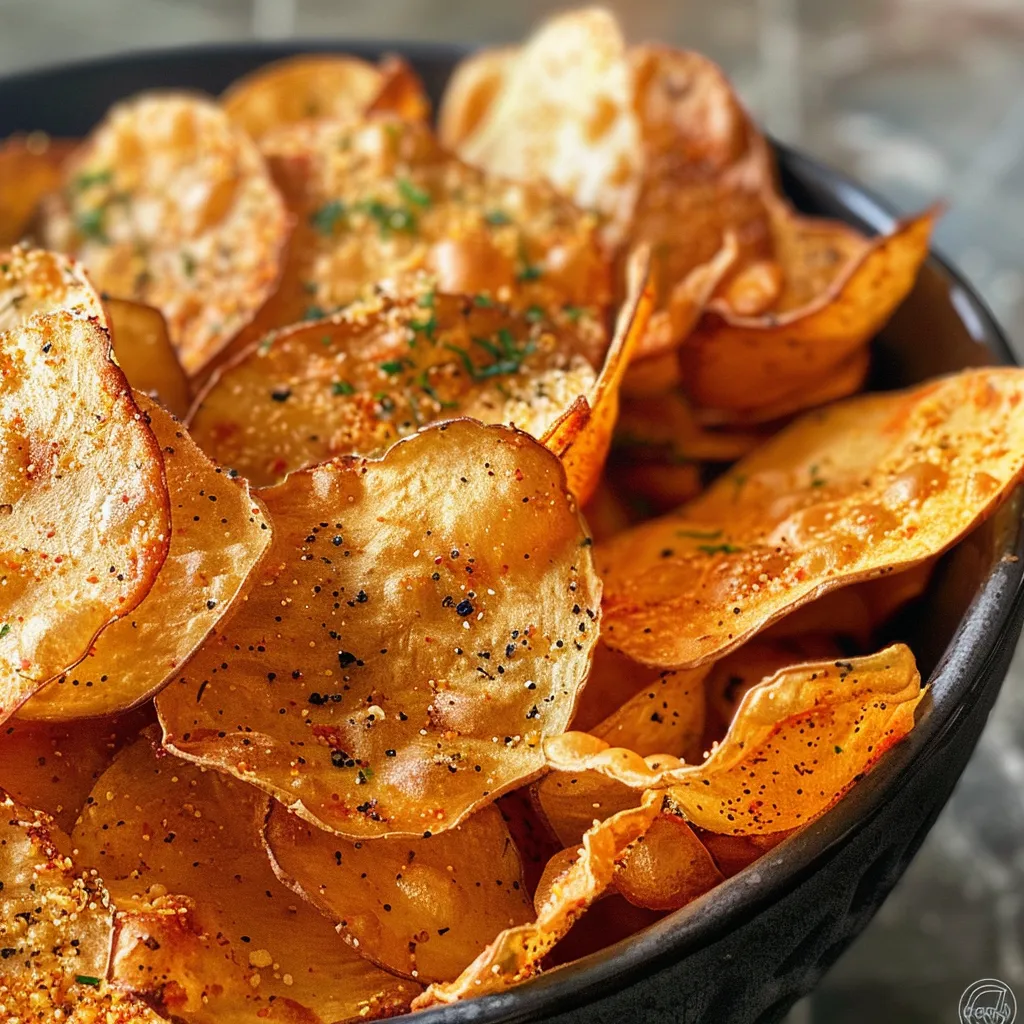 Nahaufnahme von luftigen Süßkartoffel Chips, goldbraun gewürzt.