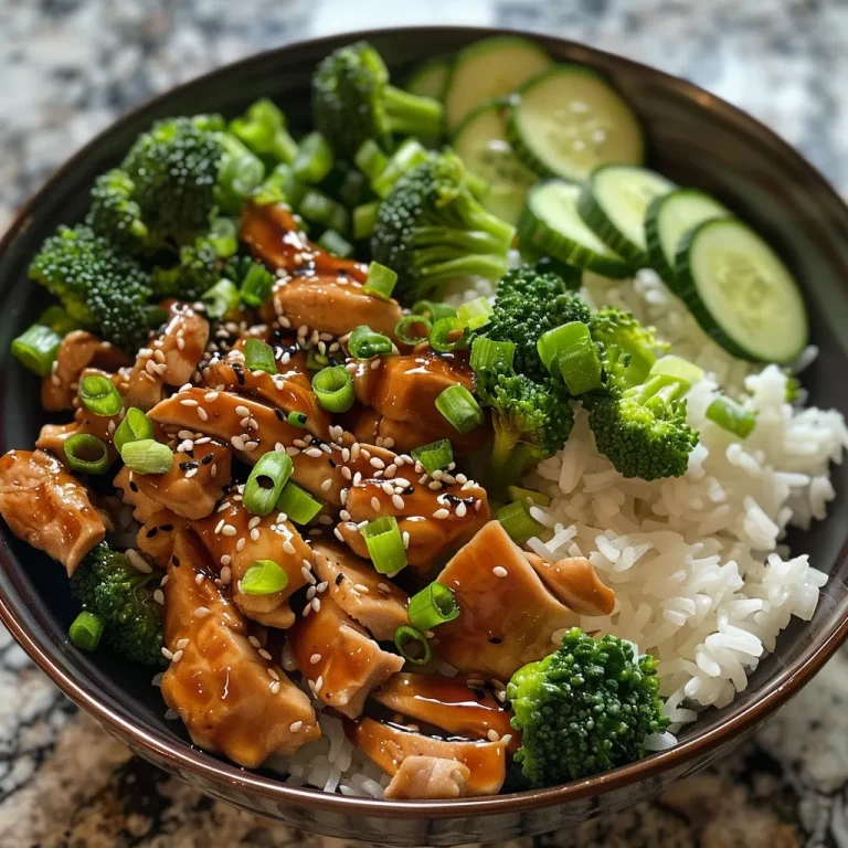 Nahaufnahme eines Teriyaki-Hühnchen-Bowls mit Reis, Brokkoli und Gurkenscheiben.