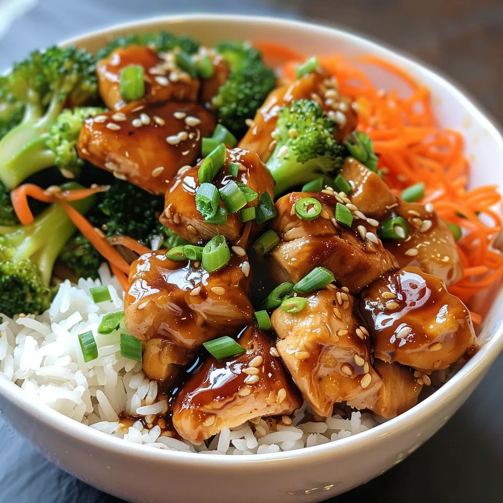 Seiteansicht einer köstlichen Teriyaki-Hühnchen-Reisschüssel mit Brokkoli und Karotten.