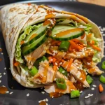 Nahaufnahme eines Teriyaki-Hühnchen-Wraps mit frischen Zutaten.