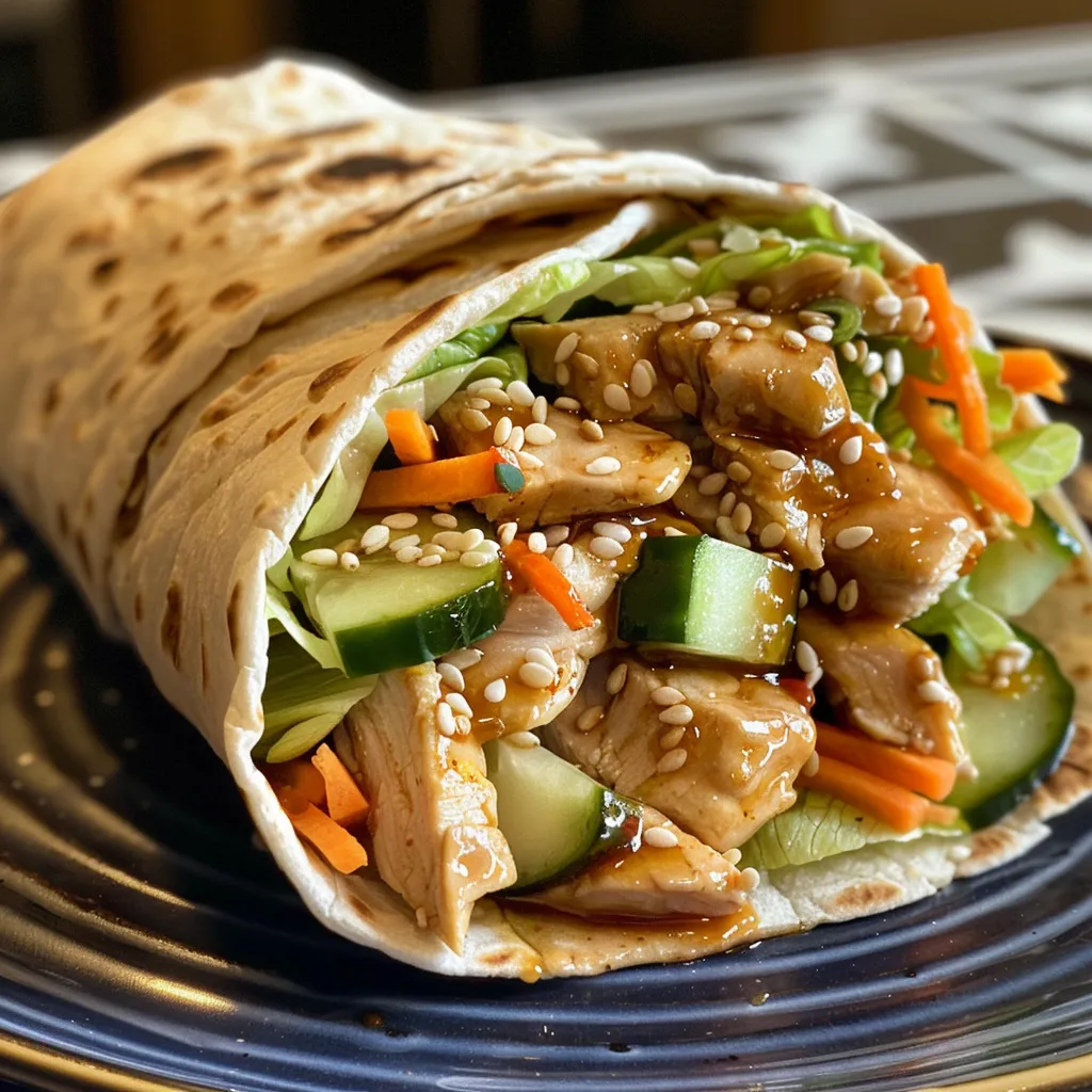 Seitenansicht eines saftigen Teriyaki-Hühnchen-Wraps auf einem Holzbrett.