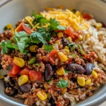 Nahaufnahme eines köstlichen Tex-Mex-Rindfleischs und Reises in einer Schale.