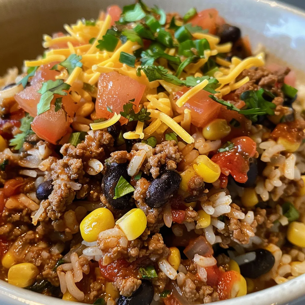 Seitenansicht von saftigem Tex-Mex-Rindfleisch und Reis mit geschmolzenem Käse.