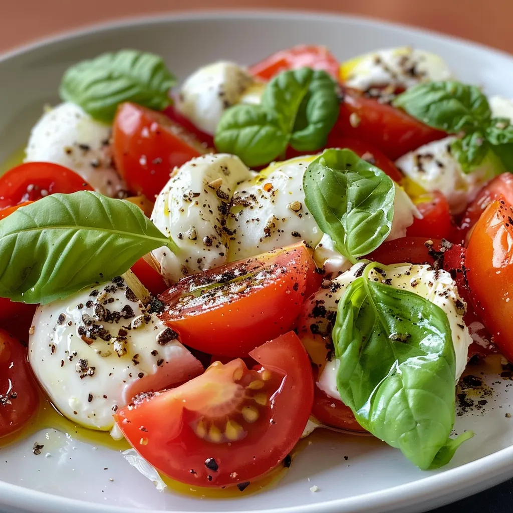 Seitenansicht von bunten Tomate-Mozzarella-Spießen auf einem weißen Teller.
