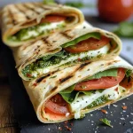 Nahaufnahme eines Tomate Mozzarella Wraps, gefüllt mit frischen Zutaten.