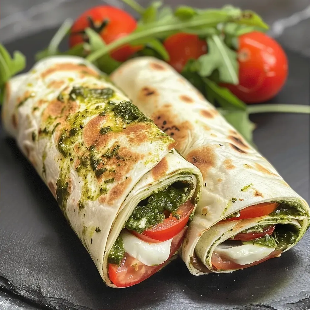 Sicht von der Seite auf einen saftigen Tomate Mozzarella Wrap, präsentiert auf einem Teller.