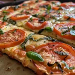Nahaufnahme eines Tomaten-Flammkuchens mit Ziegenfrischkäse und Basilikum.
