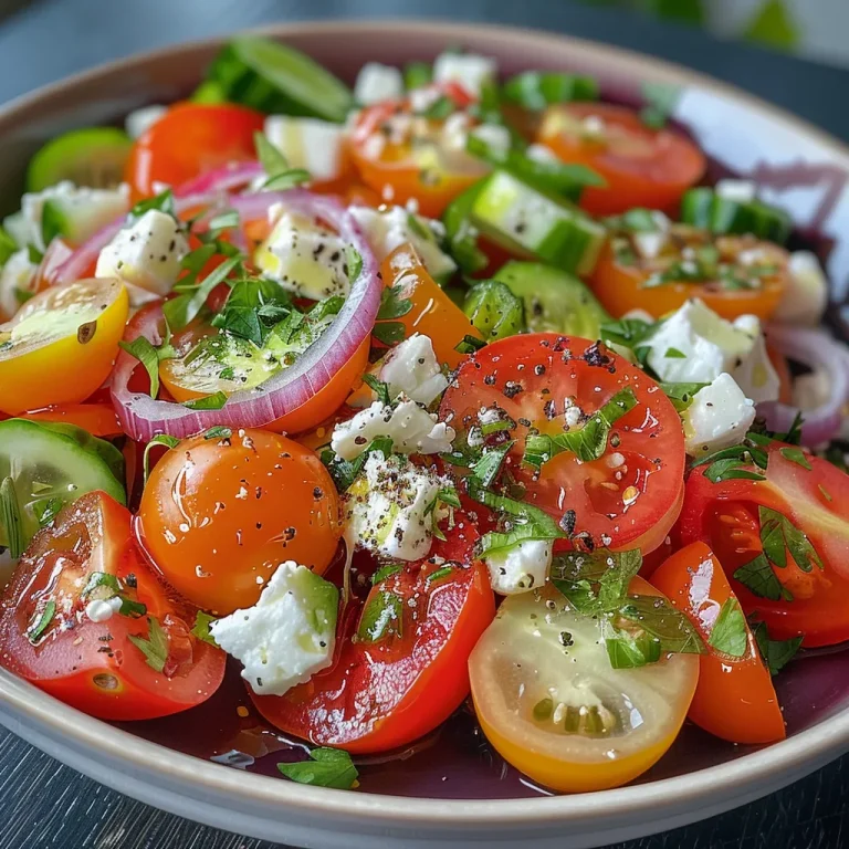 Nahaufnahme eines bunten Tomaten-Gurken-Salats mit Feta-Käse.