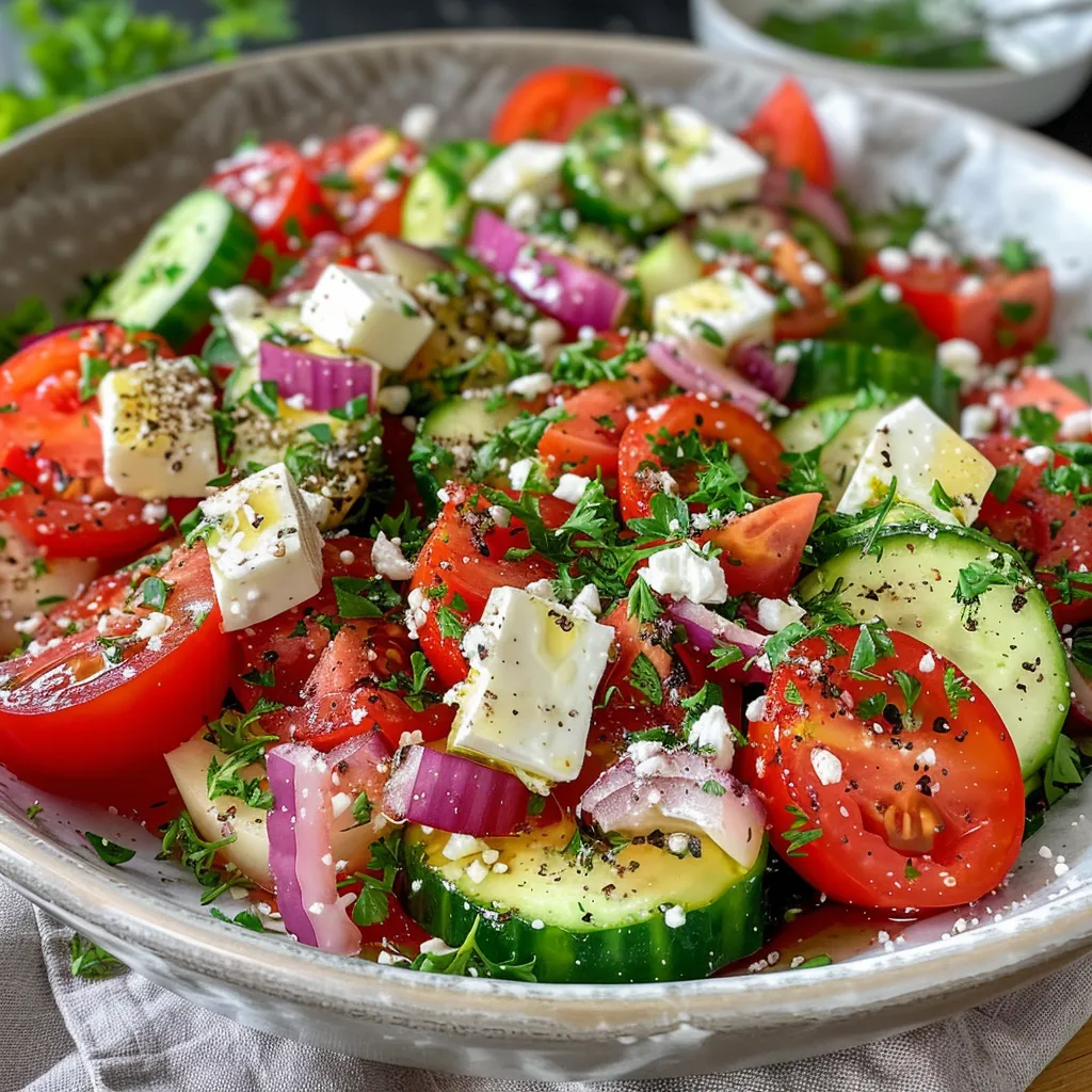 Frischer Salat aus Tomaten, Gurken und Feta in einer Schüssel.