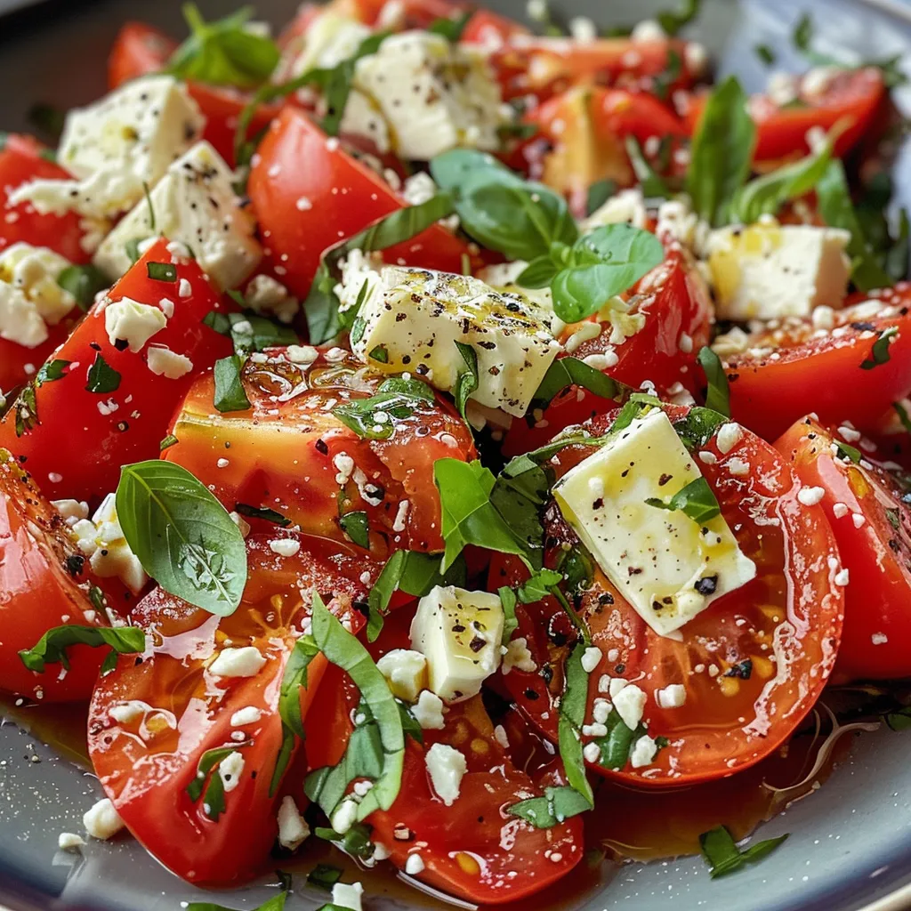 Nahaufnahme eines bunten Tomatensalats mit Feta.