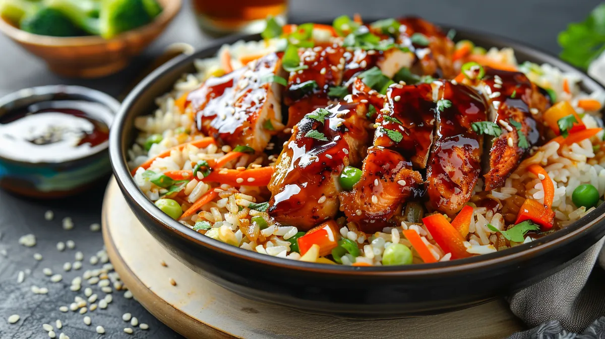 Nahaufnahme von saftigem BBQ Hähnchen auf Reis mit Honigglasur.