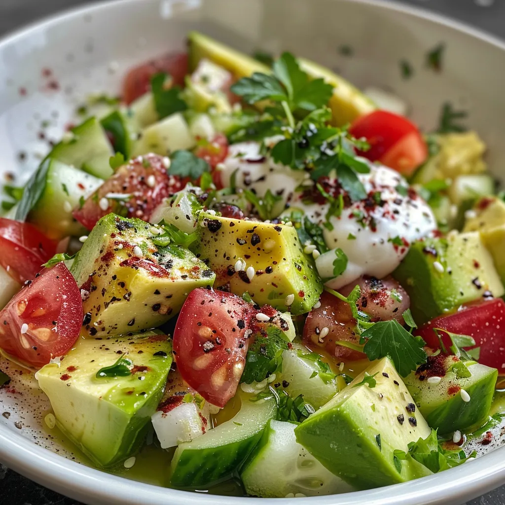 Nahaufnahme von Gurken-Avocado-Salat mit frischen Zutaten.