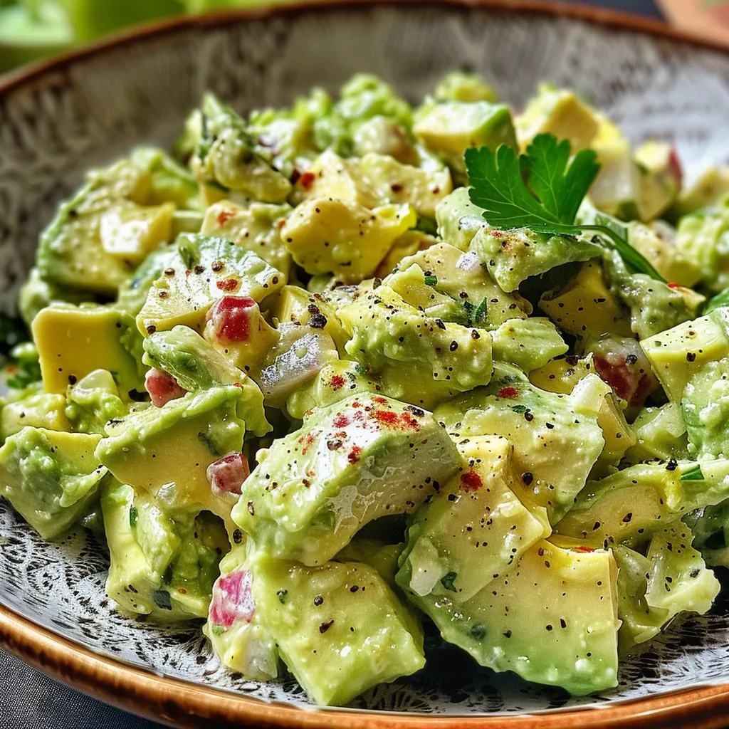 Seiteansicht eines bunten Gurken-Avocado-Salats auf einem Teller.