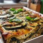 Nahe Ansicht einer veganen Zucchini-Lasagne mit geschmolzenem Käse und frischen Kräutern.
