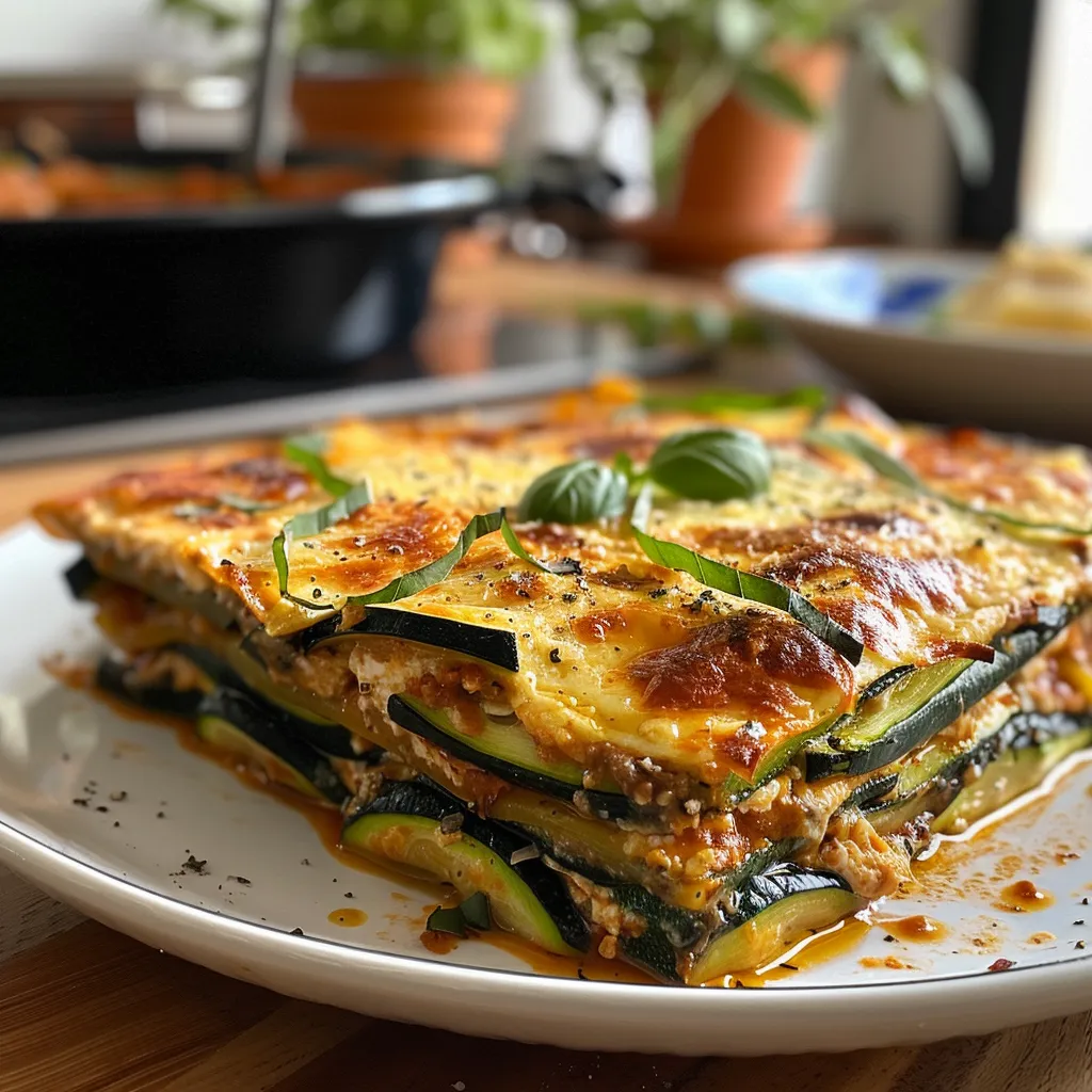 Seitenansicht einer appetitlichen Zucchini-Lasagne mit Schichten aus Gemüse und Käse.