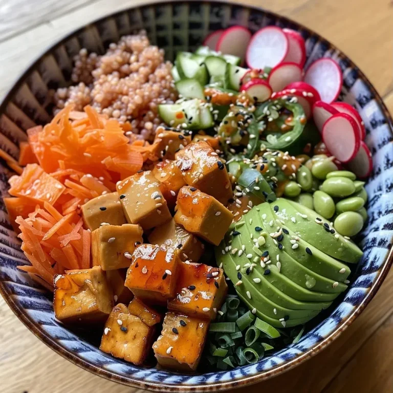 Poke Bowl de Sabores Vibrantes: Rápido, Fácil y Vegano Nahaufnahme eines veganen Poke Bowls mit bunten Zutaten und Tahini-Sauce.