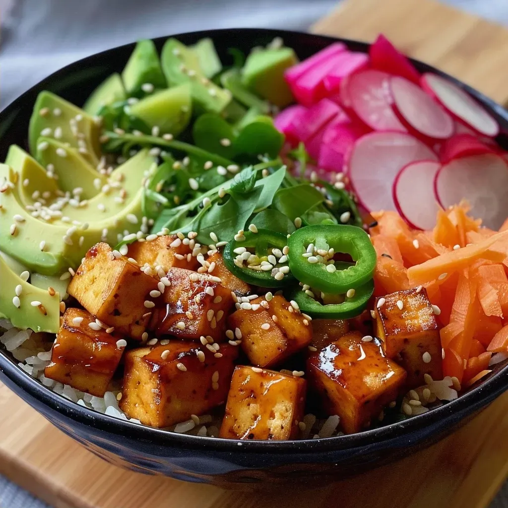 Seitenansicht eines frischen Poke Bowls mit Reis, Tofu und Gemüse in einer Schüssel.