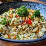 Nahaufnahme von veganem Knoblauch-Gemüse-Reis mit buntem Gemüse.