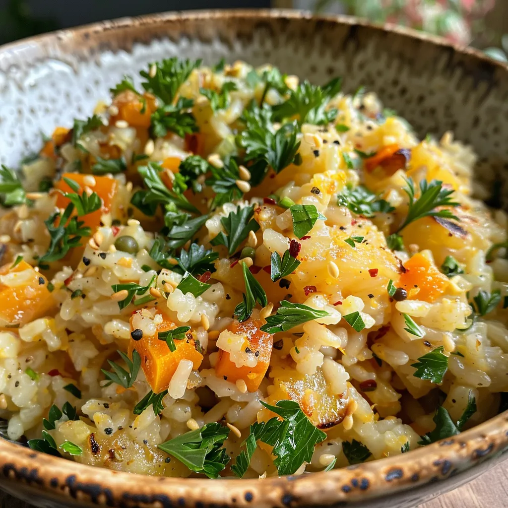 Teller mit dampfendem veganem Knoblauch-Gemüse-Reis in lebendigen Farben.