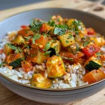 Eine farbenfrohe Gemüsepfanne mit Paprika, Zucchini und Reis.