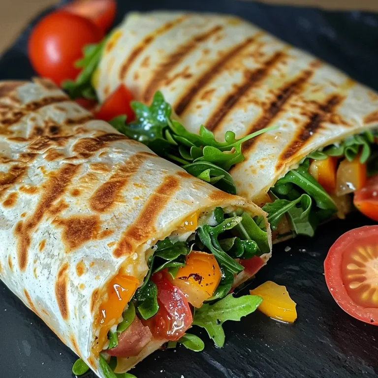 Nahaufnahme von vegetarischen Wrap Röllchen mit Rucola und getrockneten Tomaten.