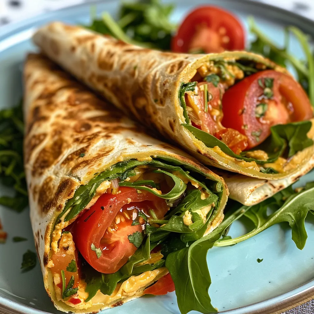 Seiteansicht von saftigem vegetarischem Wrap, gefüllt mit Rucola und Frischkäse.