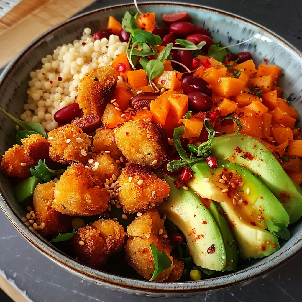 Seiteansicht einer appetitlichen Veggie-Couscous-Schüssel mit verschiedenen Zutaten.