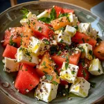 Nahaufnahme eines Wassermelonen-Feta-Salats mit frischen Minzblättern.