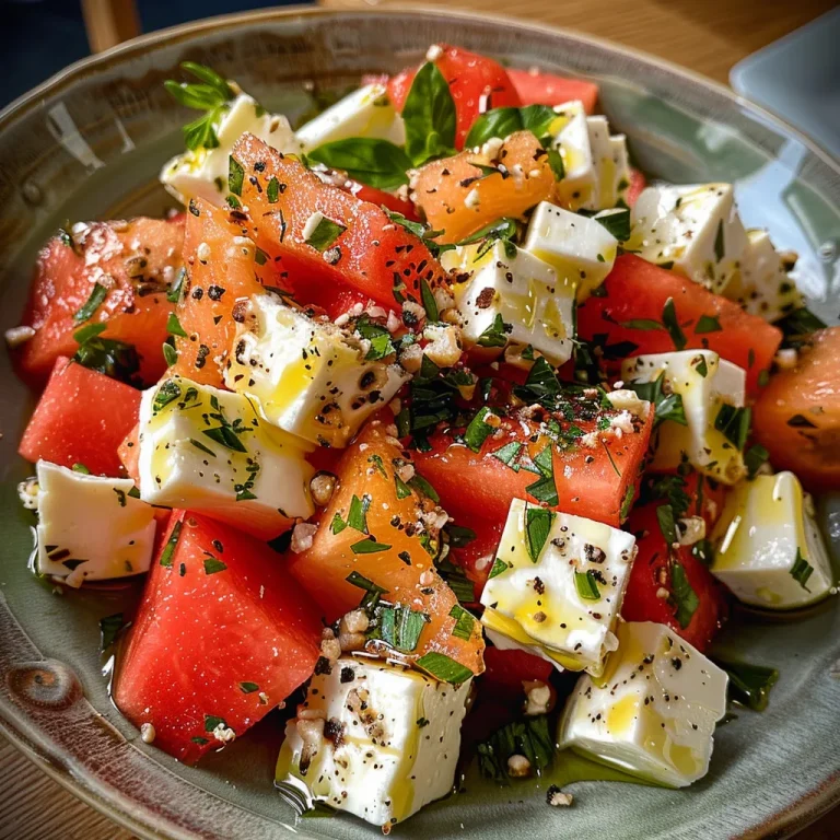Nahaufnahme eines Wassermelonen-Feta-Salats mit frischen Minzblättern.