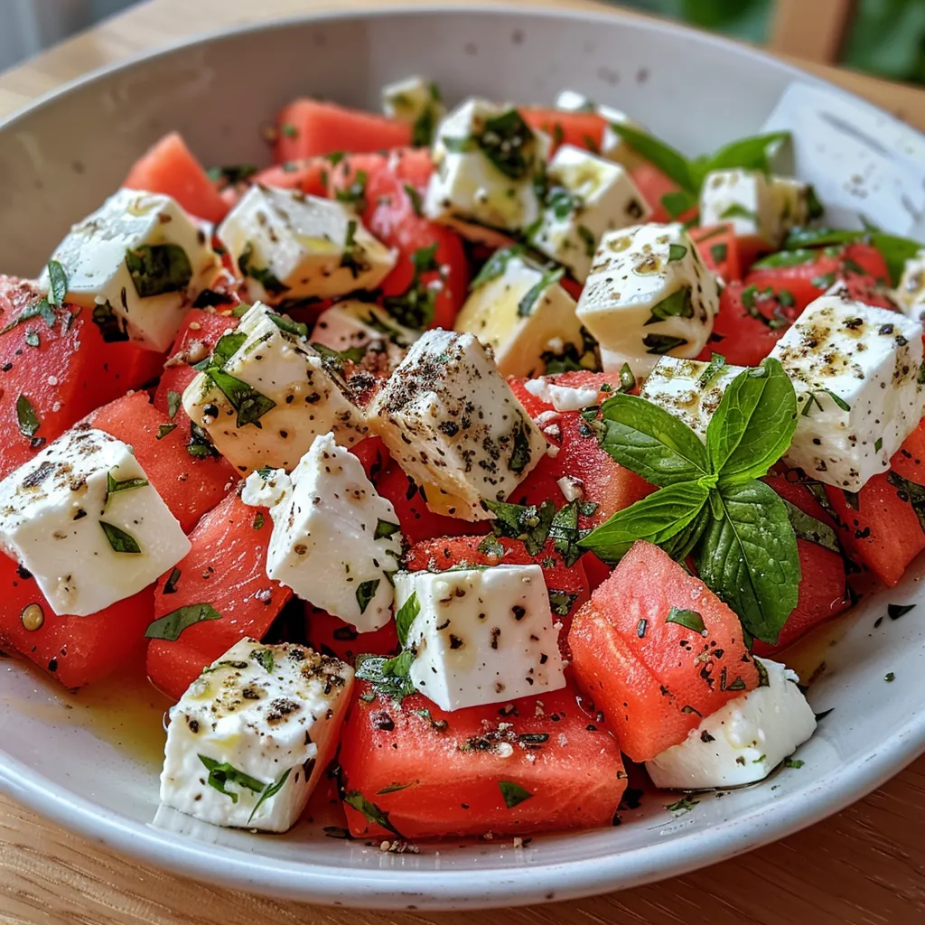 Frischer Wassermelonen-Feta-Salat, serviert in einer Schüssel, mit roten Zwiebeln und Minze.